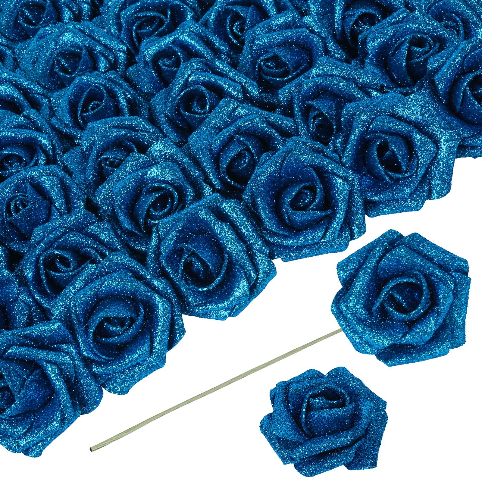 Blue glitter foam roses 30pcs 3.15in artificial flowers for wedding Christmas DIY decor
