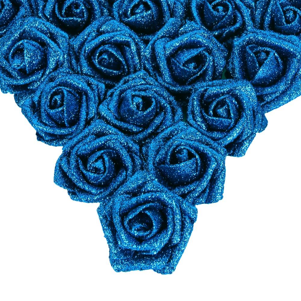 Blue glitter artificial roses 25pcs with stem for wedding bridal bouquet Valentine's Day party decor