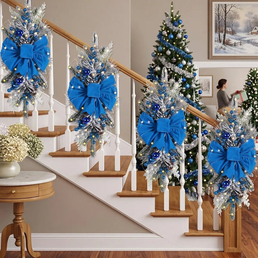 Blue Christmas Swag Wreaths Decorating Staircase Banister with Christmas Tree in Background
