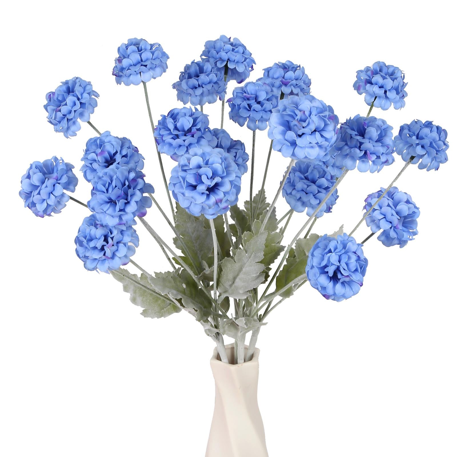Blue faux kiku chrysanthemum ball flowers 5pcs 24 heads flocking stems for wedding bouquet home decor