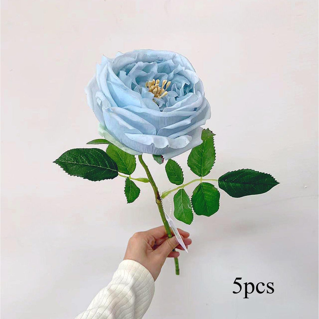 Blue real touch latex rose peony stems 5pcs for wedding bouquet party home decor