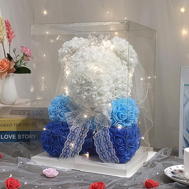 15.74 inch LED Teddy Rose Bear With Crown&Wedding Dress Artificial Flower Rose Bear Gift Box For Girls' Birthday Valentine's Day Mother's Day Gift