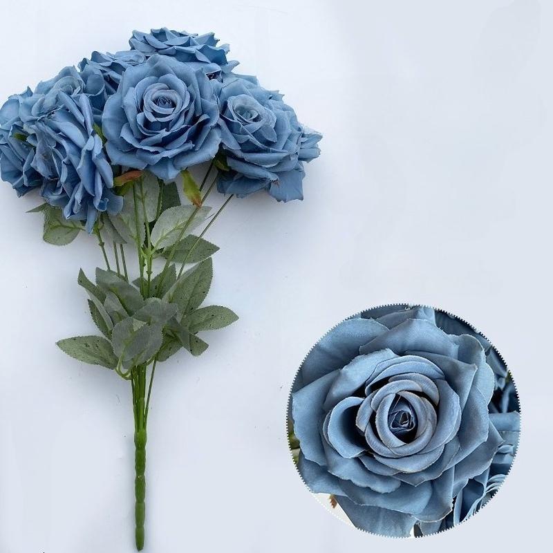 Blue artificial roses with stems for wedding centerpiece bridal bouquet home decor