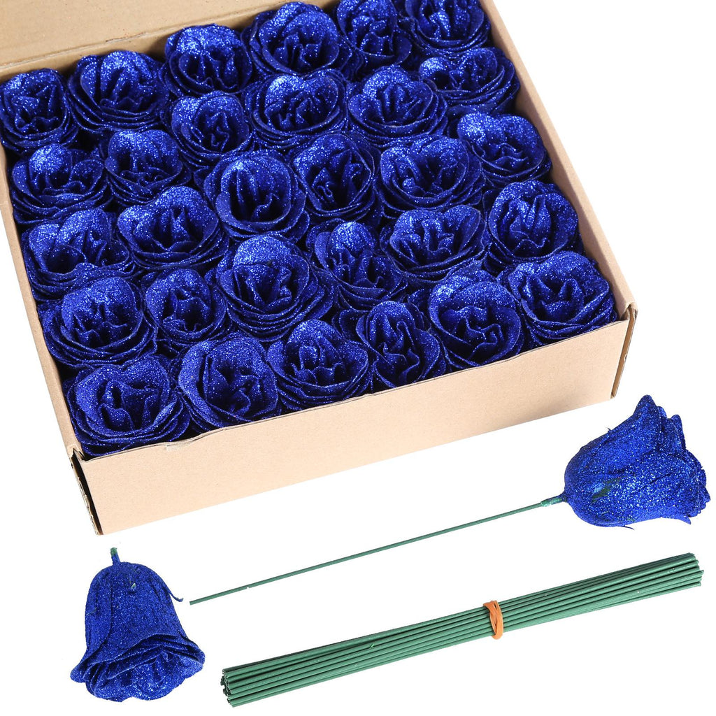 Blue glitter roses bouquet 30pcs with stems for wedding party Christmas home decor