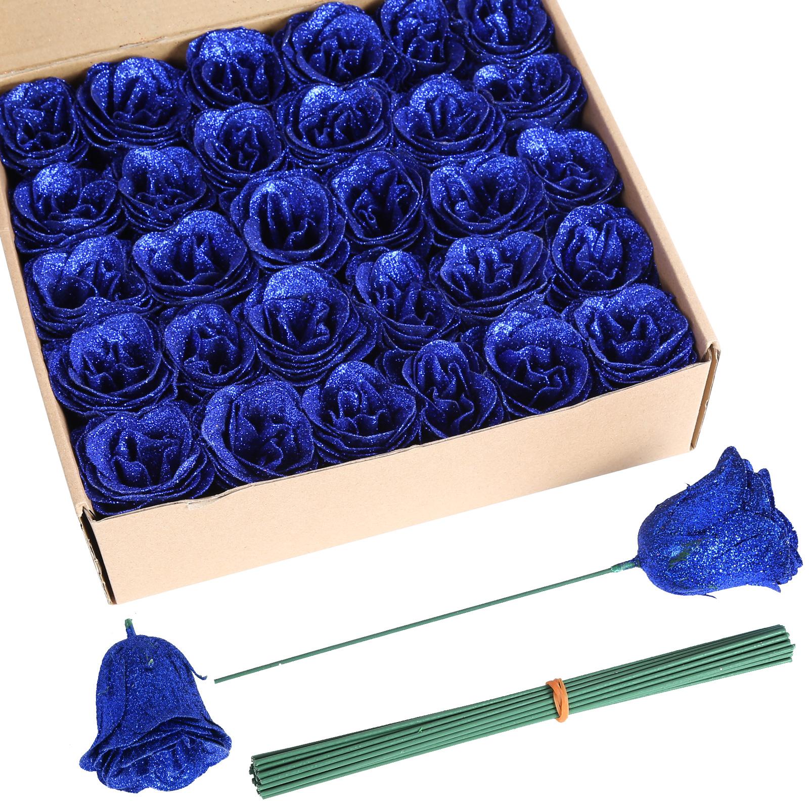 Blue glitter roses bouquet 30pcs with stems for wedding party Christmas home decor