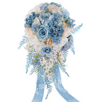 Blue boho rustic artificial wedding toss bouquet for ceremony anniversary and all season bridal decor
