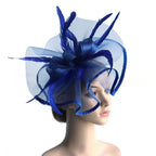 Blue flower headband with veil and feather hair clip for tea party and wedding
