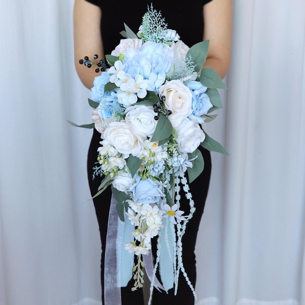 Blue handmade teardrop bridal bouquet artificial flowers for wedding ceremony anniversary