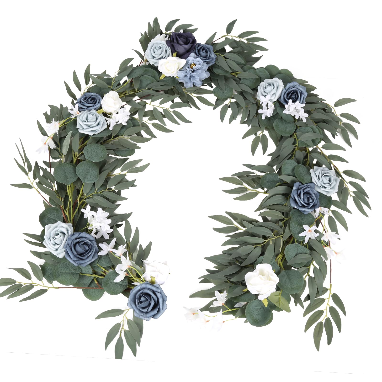 Blue eucalyptus willow leaf garland 6ft white flower wedding table backdrop decor