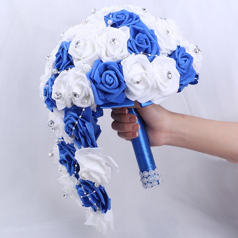 Blue PE foam pearl rhinestone bridal bouquet for wedding bridesmaid church ceremony DIY