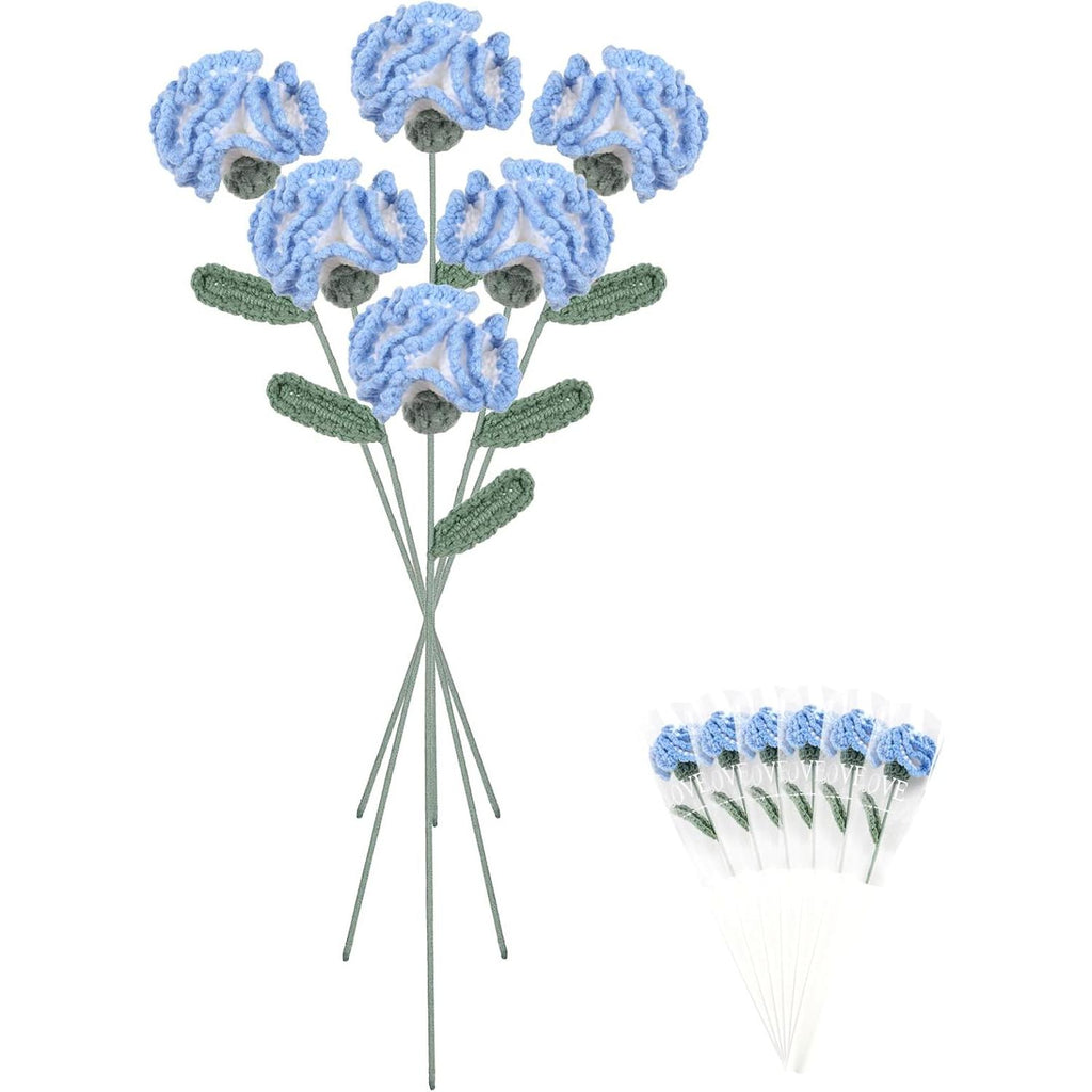 Blue handmade crochet carnation flowers 6pcs 16.9 inch bendable stem for vase table home decor