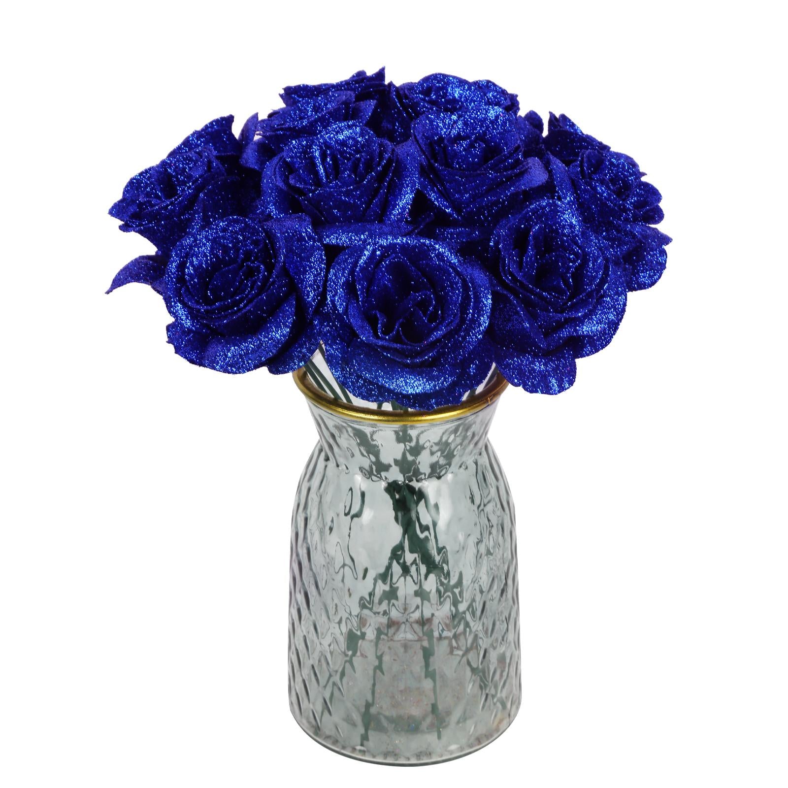 Blue glitter rose bouquet 30pcs with stems for wedding Valentine's Day party home decor