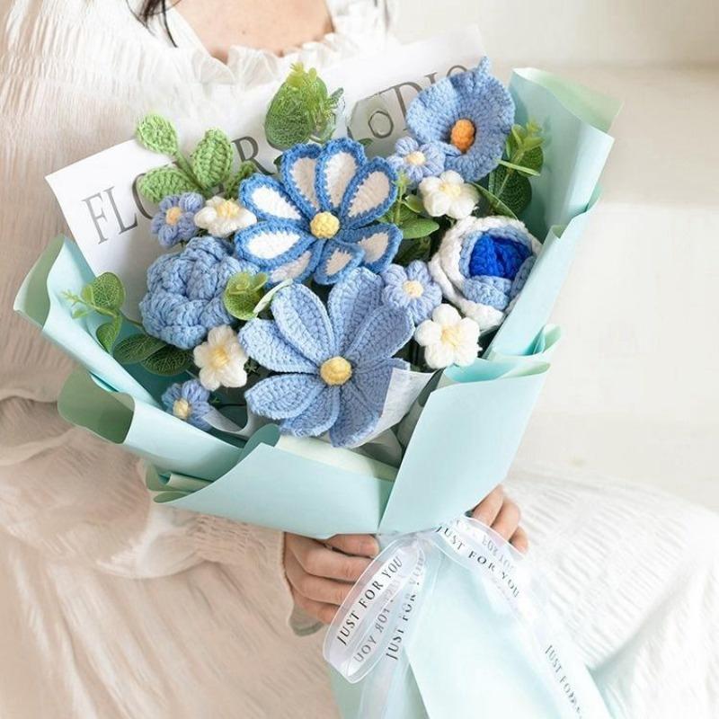 Wrapped Crochet Flowers Bouquet with Crochet Flowers, Crochet Sunflower, Lily Bouquet for Home Decor, Graduation Gifts, Gift for Women