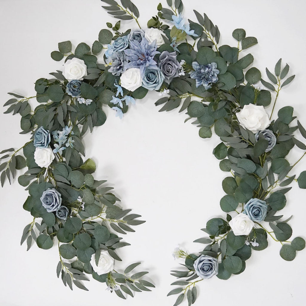 Blue artificial eucalyptus rose garland 5.9ft wedding table runner backdrop decor