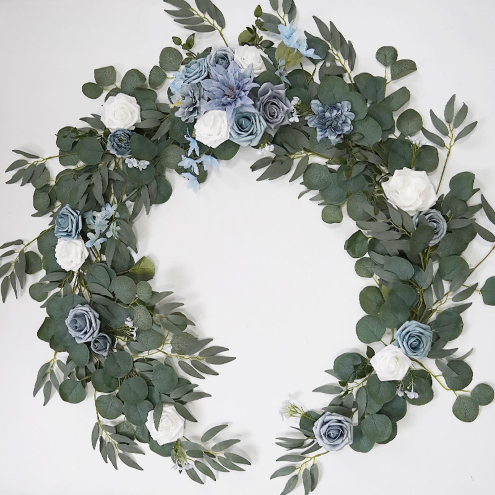Blue artificial eucalyptus rose garland 5.9ft wedding table runner backdrop decor