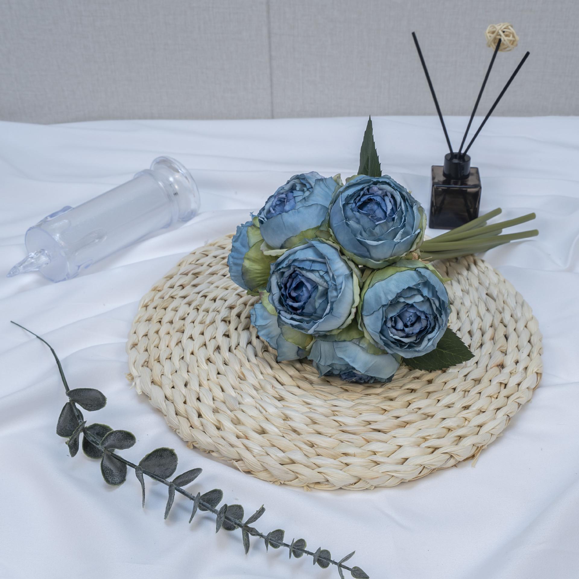 Blue silk artificial peony flowers 2 bouquets with stems for home wedding vintage decor centerpiece