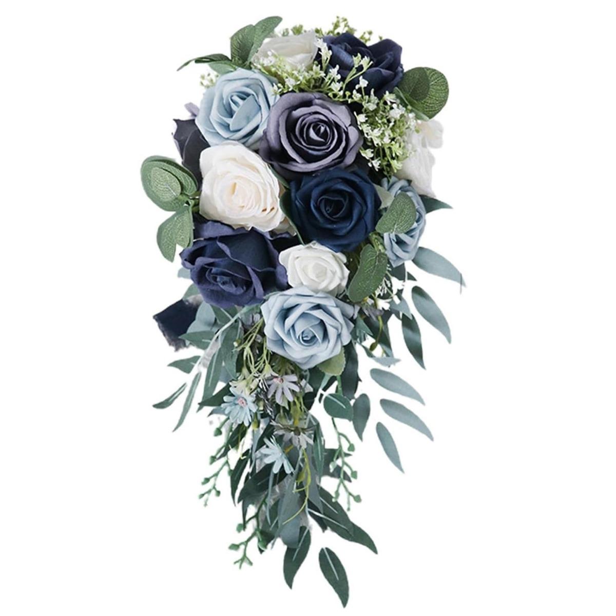Blue luxury water drop bridal bouquet 17 inch French style rose for wedding bridesmaid photo shoot