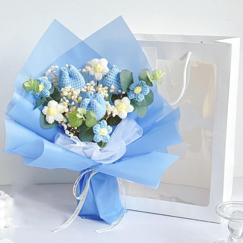 Blue handmade crochet flower bouquet sunflowers roses eucalyptus for Mother's Day wedding gift