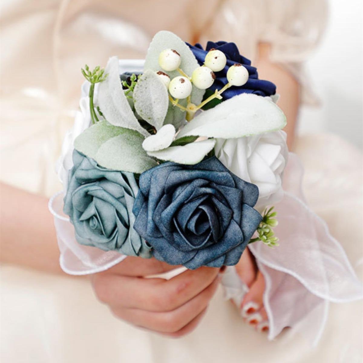 Lake blue artificial rose bouquet set of 2 for wedding bridesmaids groomsmen bridal party decor