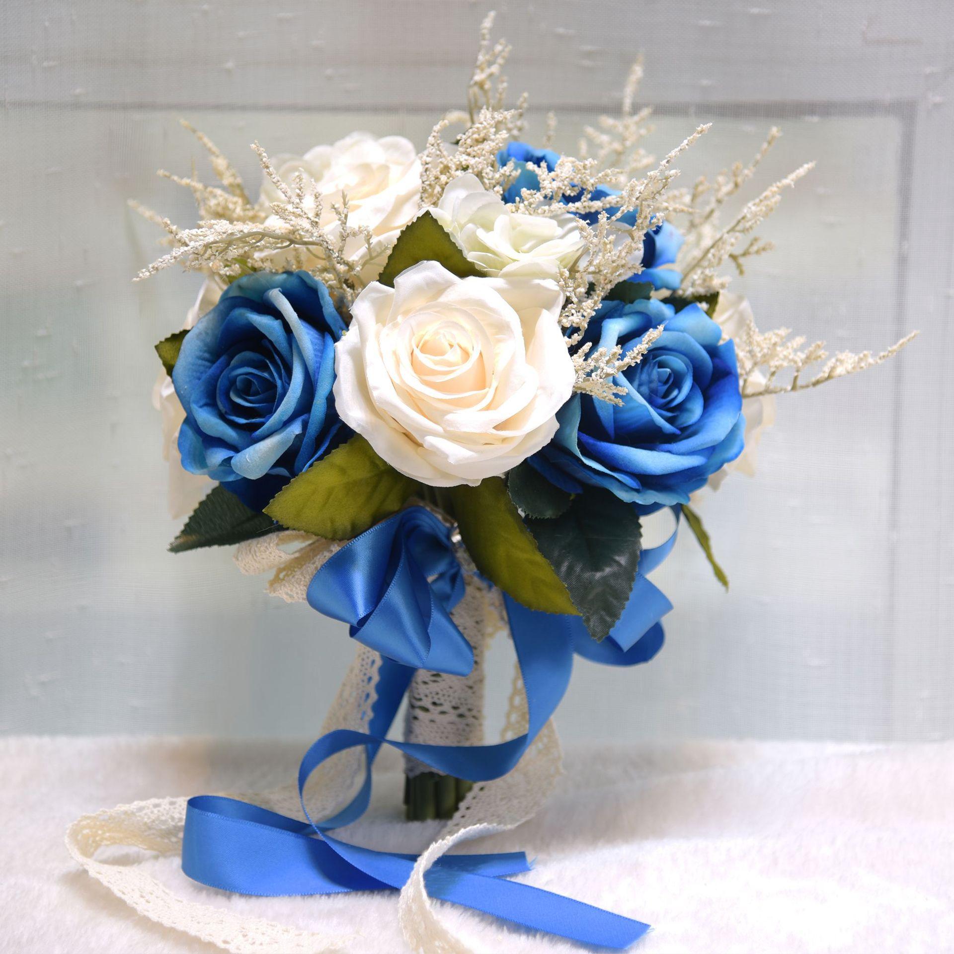 Blue artificial rose bridal bouquet French vintage boho style for wedding and photo shoot
