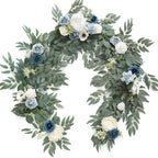 Blue 6FT Eucalyptus And Willow Leaf Garland With White Flowers for modern wedding decor by IPOPU