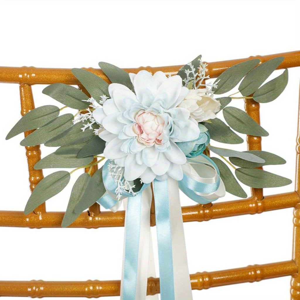 Blue artificial rose chair decor 4pcs eucalyptus ribbon wedding ceremony aisle decor