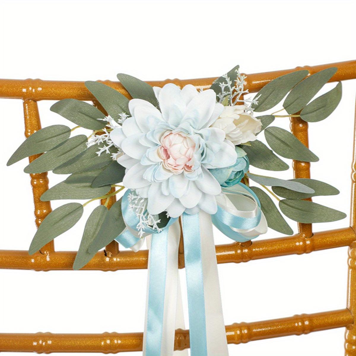 Blue artificial rose chair decor 4pcs eucalyptus ribbon wedding ceremony aisle decor