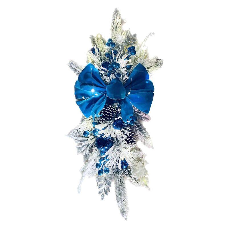 Blue artificial Christmas pine swag with bow berries glitter leaves front door holiday decor