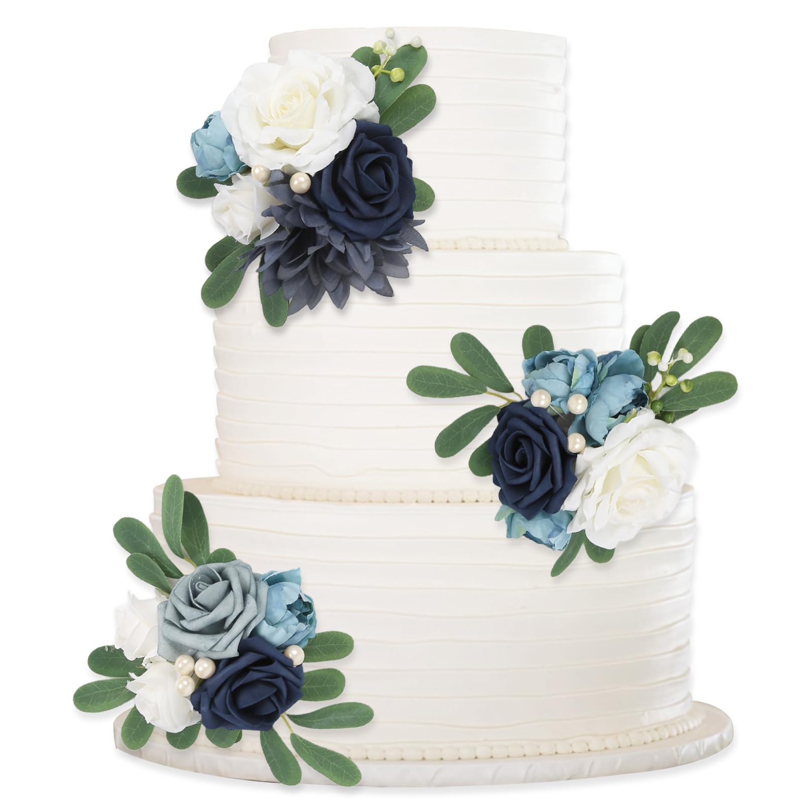 Blue terracotta artificial floral cake toppers 3pcs for wedding birthday anniversary party