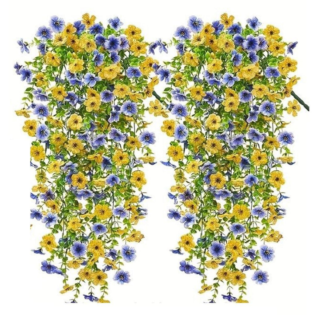 Blue yellow UV resistant artificial morning glory vine pack of 4 for garden fence and balcony decor
