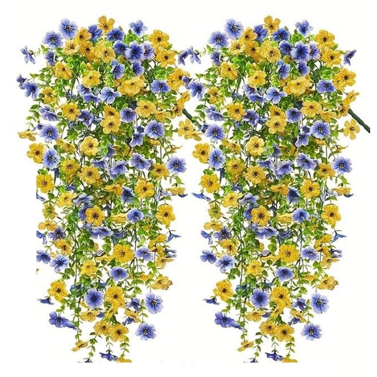 Blue yellow UV resistant artificial morning glory vine pack of 4 for garden fence and balcony decor
