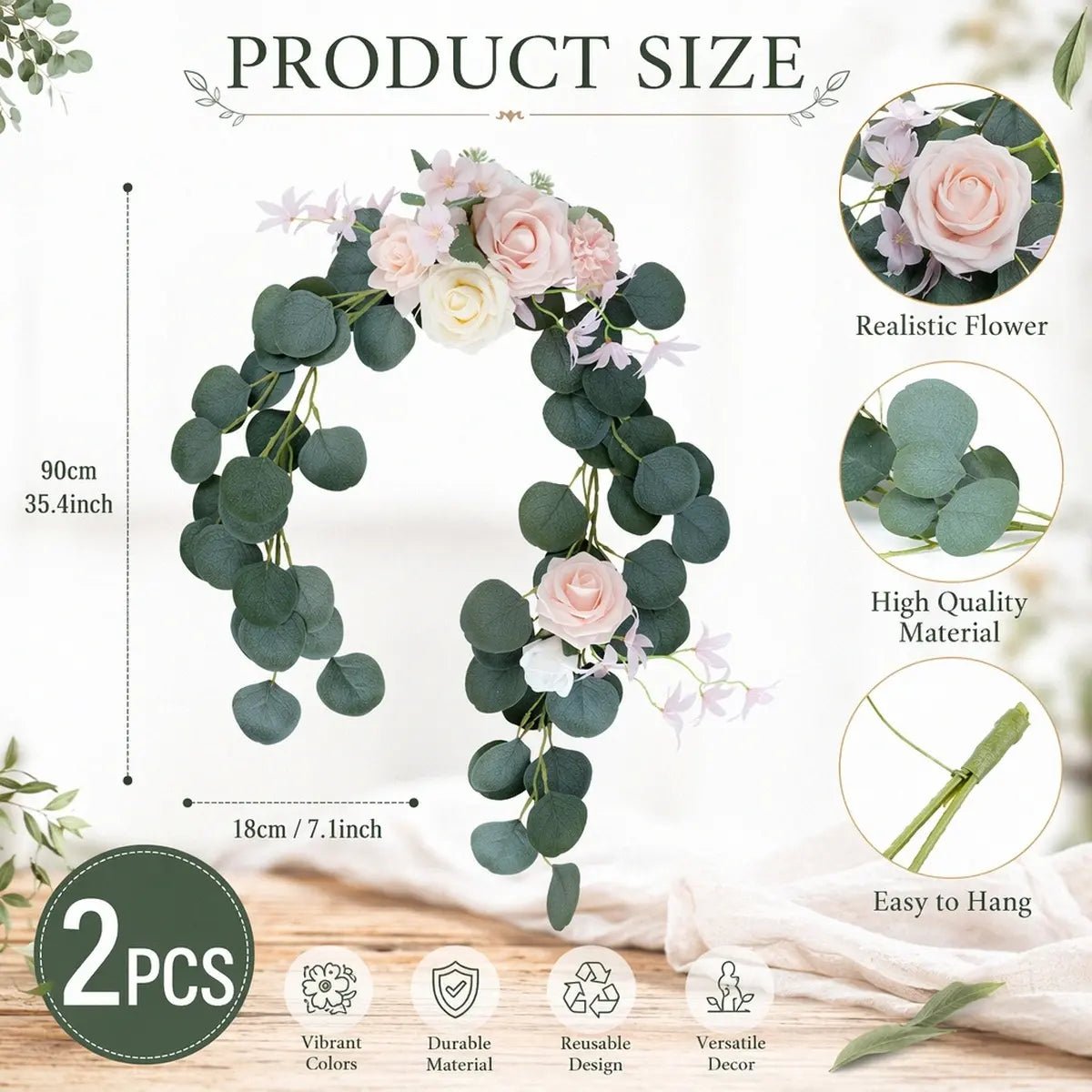 Blush pink rose silver dollar eucalyptus swag size chart: 90cm/35.4inch length, 18cm/7.1inch width, set of 2 pcs – IPOPU
