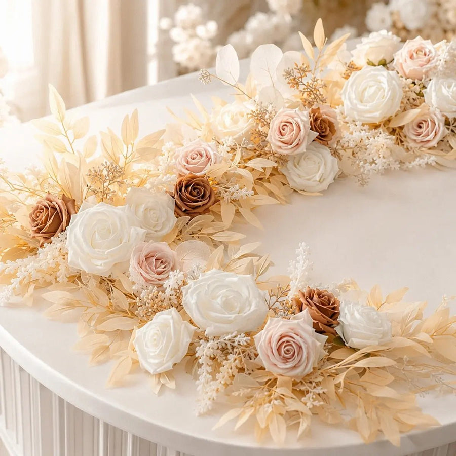 Boho Artificial Rose Garland with LED Lights – Blush, White & Brown