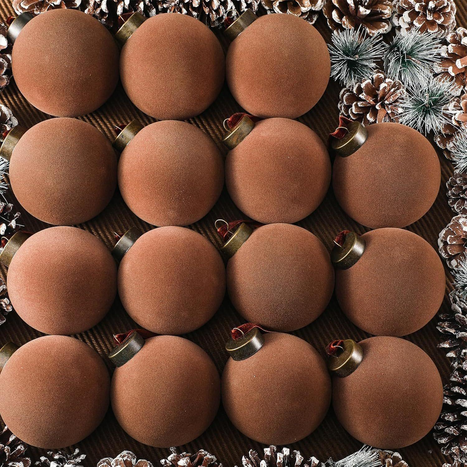 Brown velvet Christmas ball ornaments 3.15 inch shatterproof flocked xmas tree bulbs holiday decor