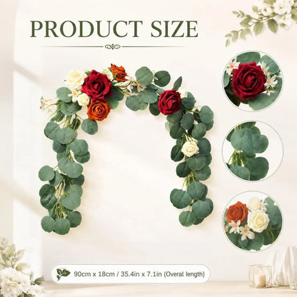 Artificial rose eucalyptus garland product size chart 90cm 35.4in x 18cm 7.1in with burgundy orange ivory rose detail – IPOPU
