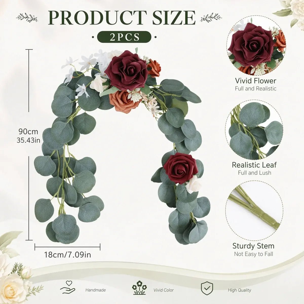 Burgundy terracotta rose silver dollar eucalyptus swag size chart: 90cm/35.43inch length, 18cm/7.09inch width, set of 2 pcs – IPOPU