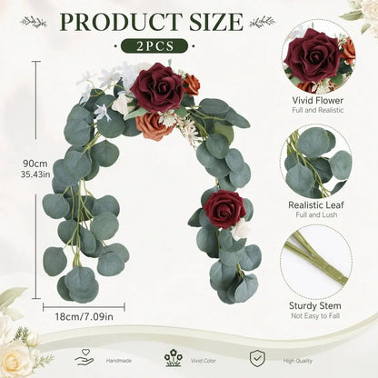 Burgundy terracotta rose silver dollar eucalyptus swag size chart: 90cm/35.43inch length, 18cm/7.09inch width, set of 2 pcs – IPOPU