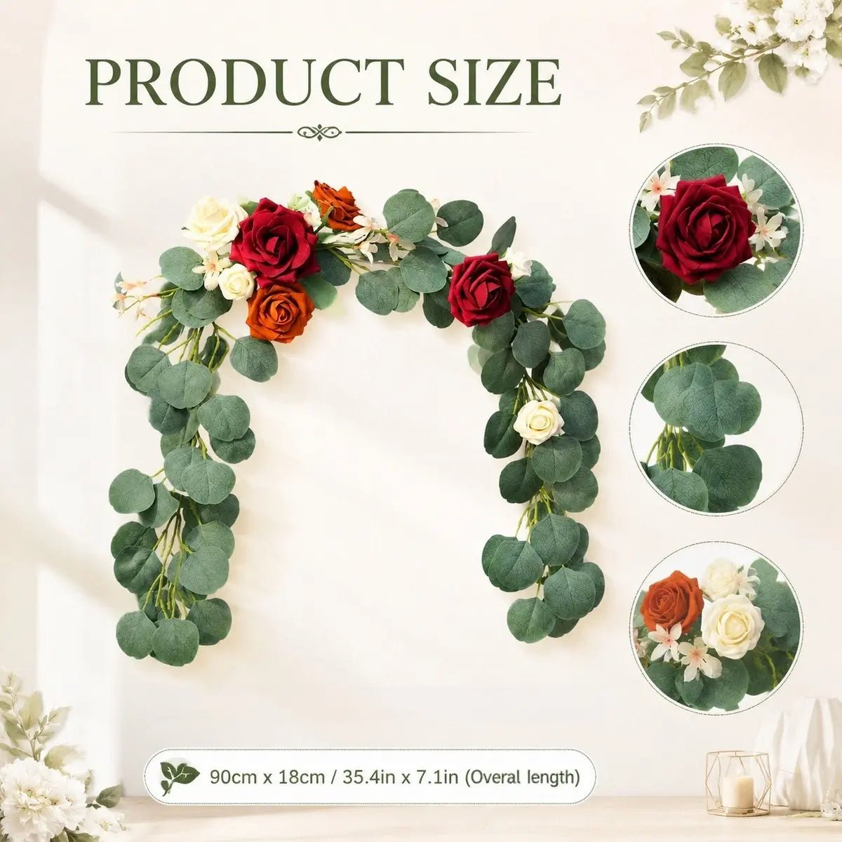 Burgundy terracotta ivory rose silver dollar eucalyptus swag size chart: 90cm/35.4inch length, 18cm/7.1inch width, set of 2 pcs – IPOPU