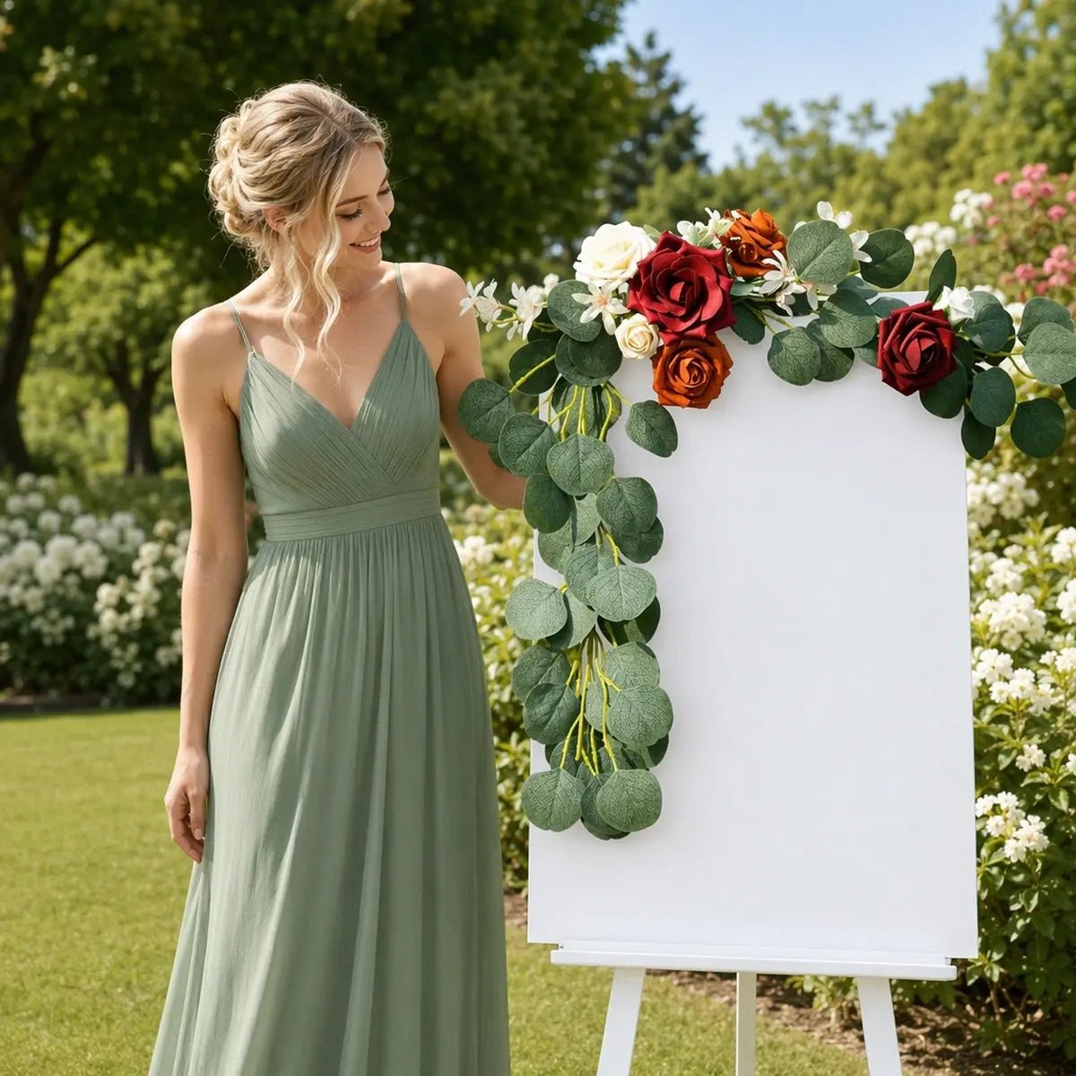 Burgundy terracotta ivory rose silver dollar eucalyptus chair swag set of 2 arranged on white easel welcome sign board by bridesmaid in sage green gown at outdoor garden wedding – IPOPU
