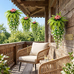 Artificial Hanging Fern Plant with Pink Flowers and Cascading White Vines Fake Boston Fern Wall Basket Greenery for Home Garden Patio Porch Ceiling Decor