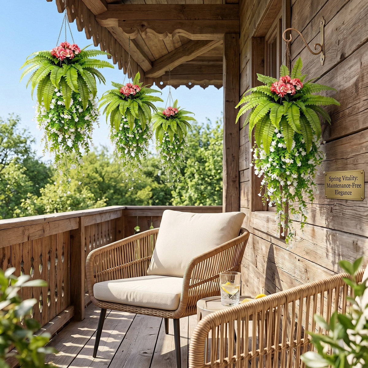 Artificial Hanging Fern Plant with Pink Flowers and Cascading White Vines Fake Boston Fern Wall Basket Greenery for Home Garden Patio Porch Ceiling Decor