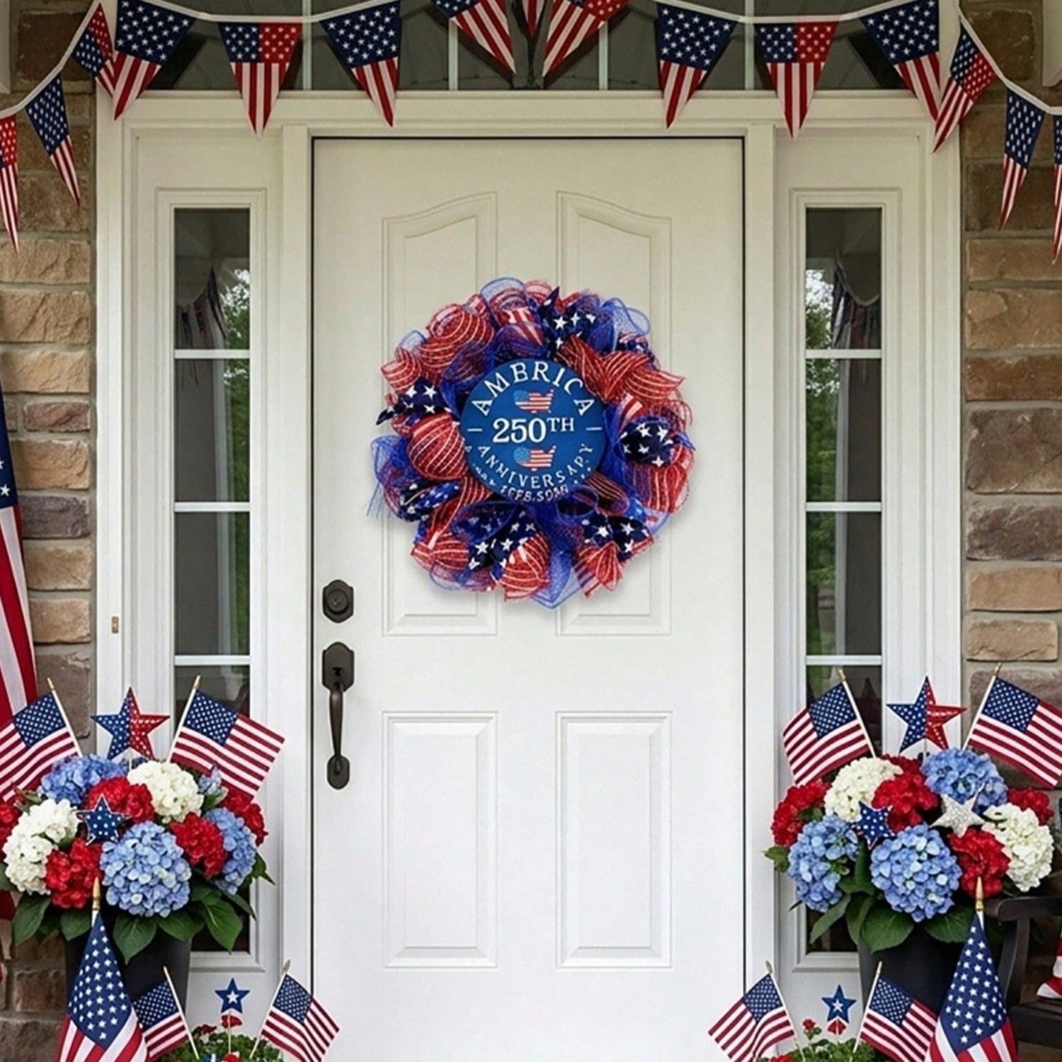 16" Patriotic Wreath for Front Door | 250th 4th of July Summer Outdoor Independence Day Decor
