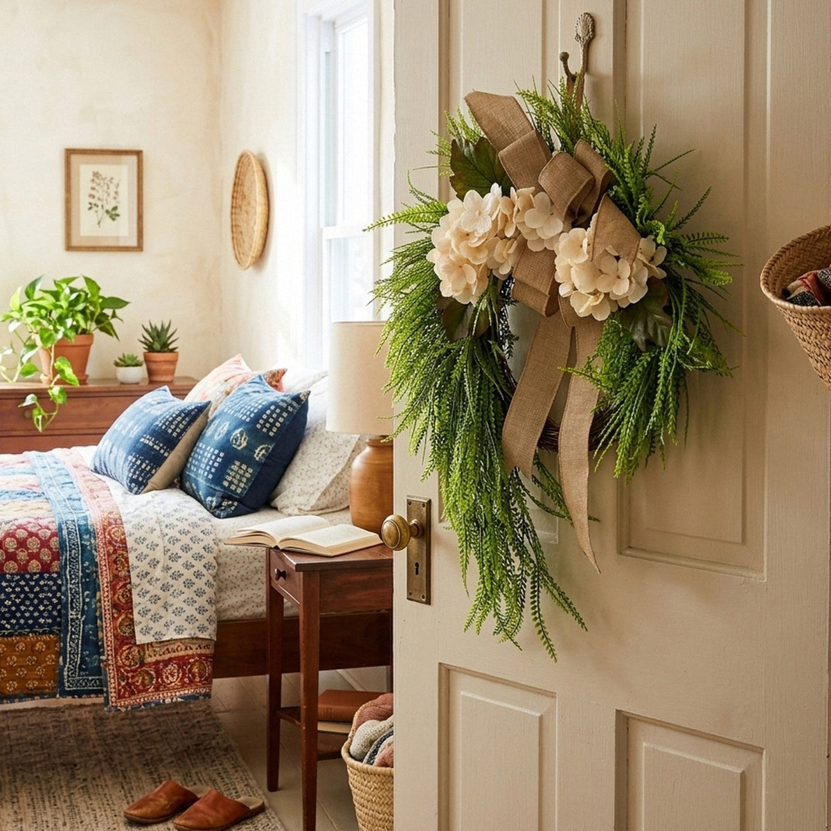 Farmhouse Front Door Wreath with Burlap Bow, Cream Hydrangea & Green Fern | 20in Spring Summer Home Wall & Porch Decor
