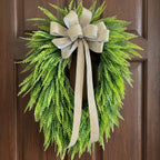 Artificial Fern Wreath with Striped Bow Green Foliage Door Wreath for Front Porch Home Wall Summer Spring Decor