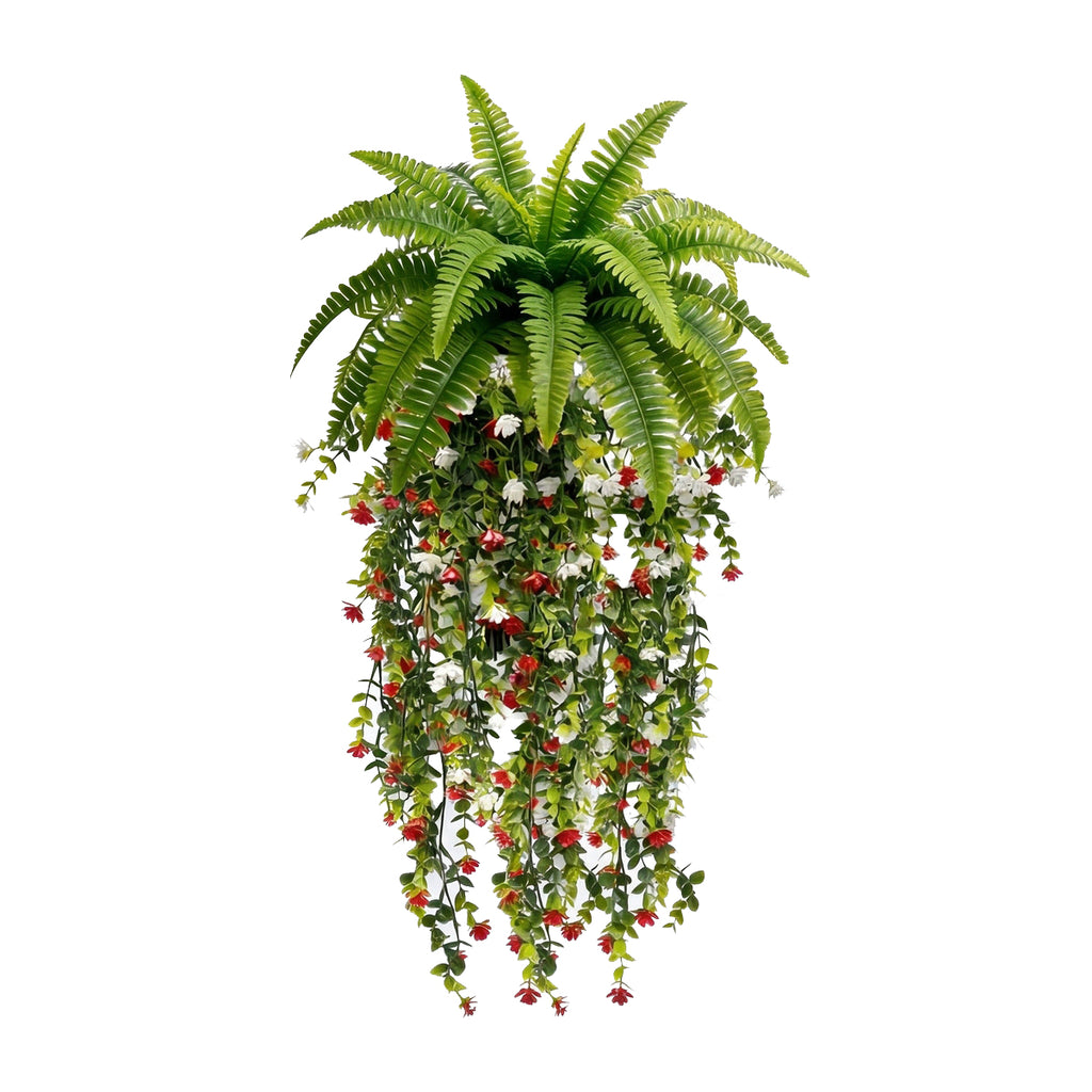 Artificial hanging fern plant with red and white flower vines fake Boston fern for home garden patio porch wall basket and ceiling decor