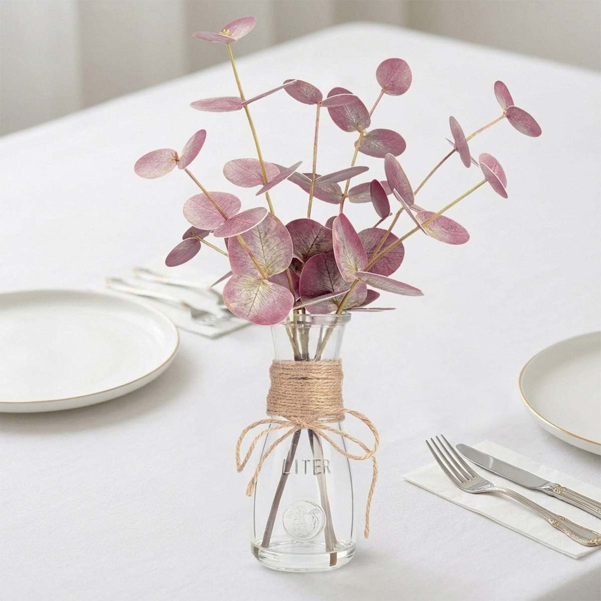 Artificial Eucalyptus Stems in Glass Vase with Faux Water | Faux Greenery for Bathroom Desk Shelf Coffee Table Decor