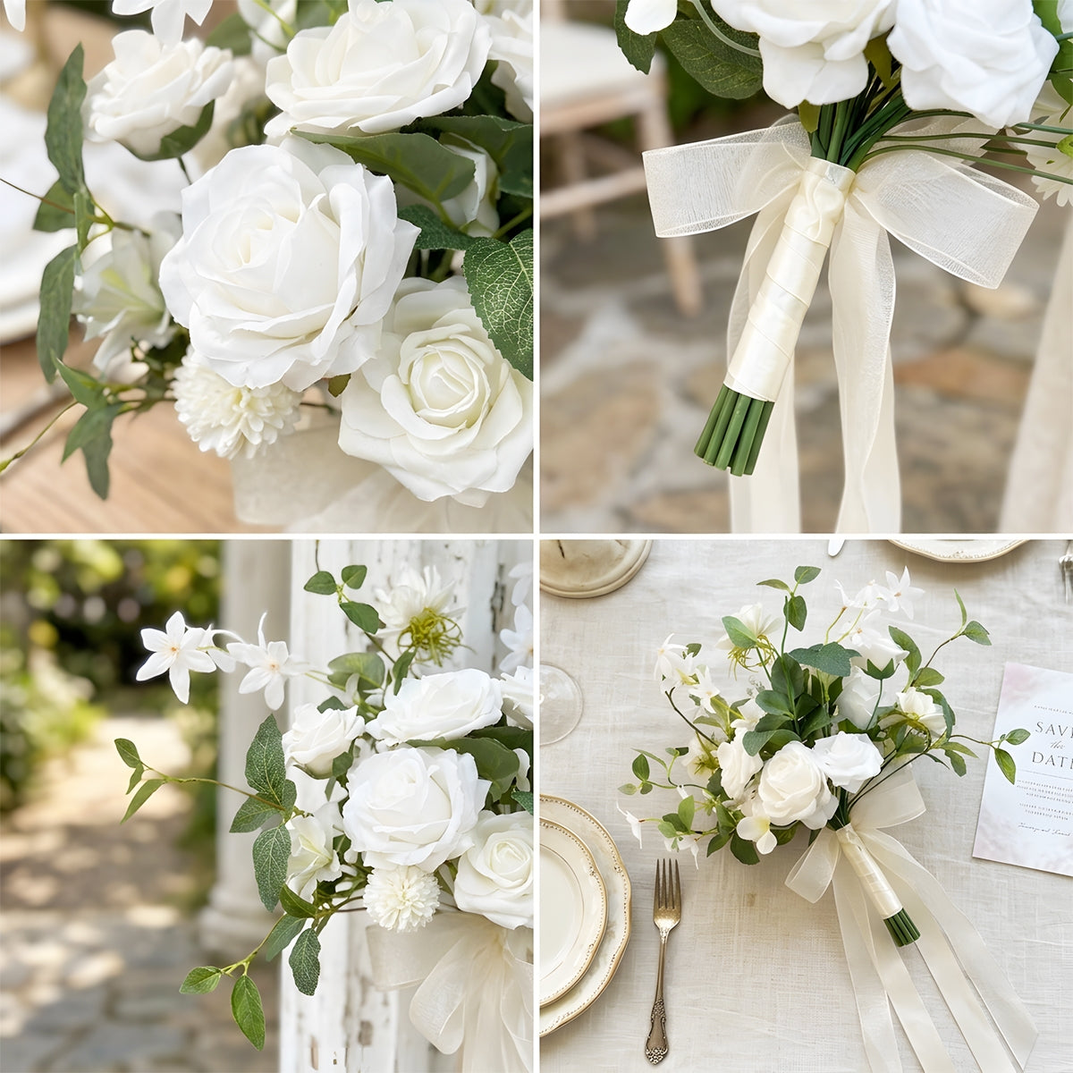 White Artificial Rose Bridal Bouquet | Wedding Toss Bouquet Bride Bridesmaid Flowers