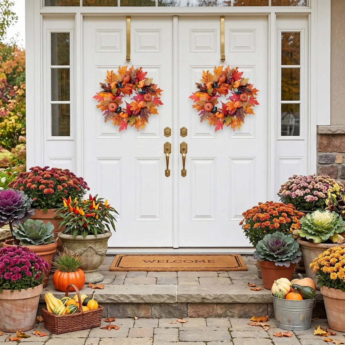 Fall harvest wreath with pumpkins and maple leaves hanging on a white front door with seasonal porch decor