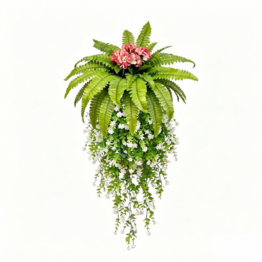 Artificial hanging fern plant with pink flowers and cascading white vines fake Boston fern for home garden patio porch wall basket and ceiling decor