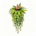 Artificial hanging fern plant with pink flowers and cascading white vines fake Boston fern for home garden patio porch wall basket and ceiling decor